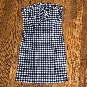 Strapless Navy Blue/White Gingham Print Mini Dress